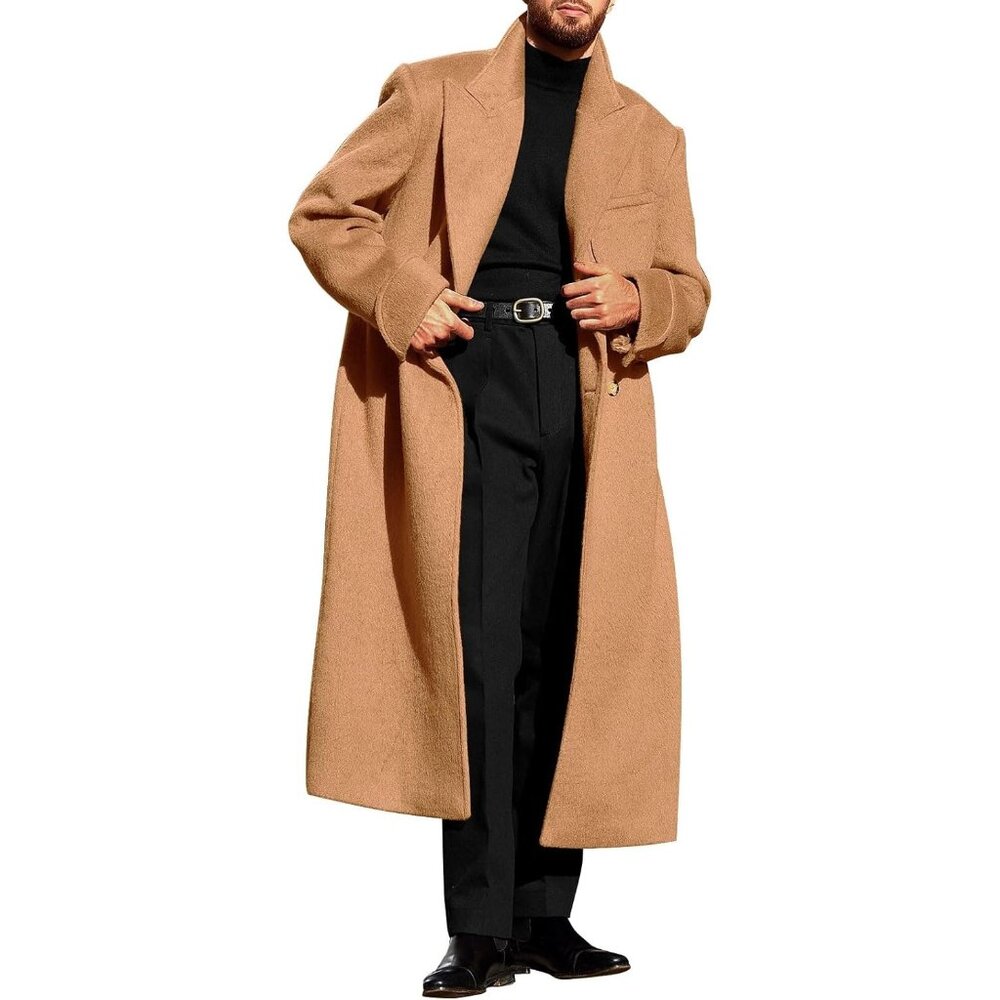 Men's Khaki Wool Blend Pea Coat Notched Collar Double Breasted Trench Coats